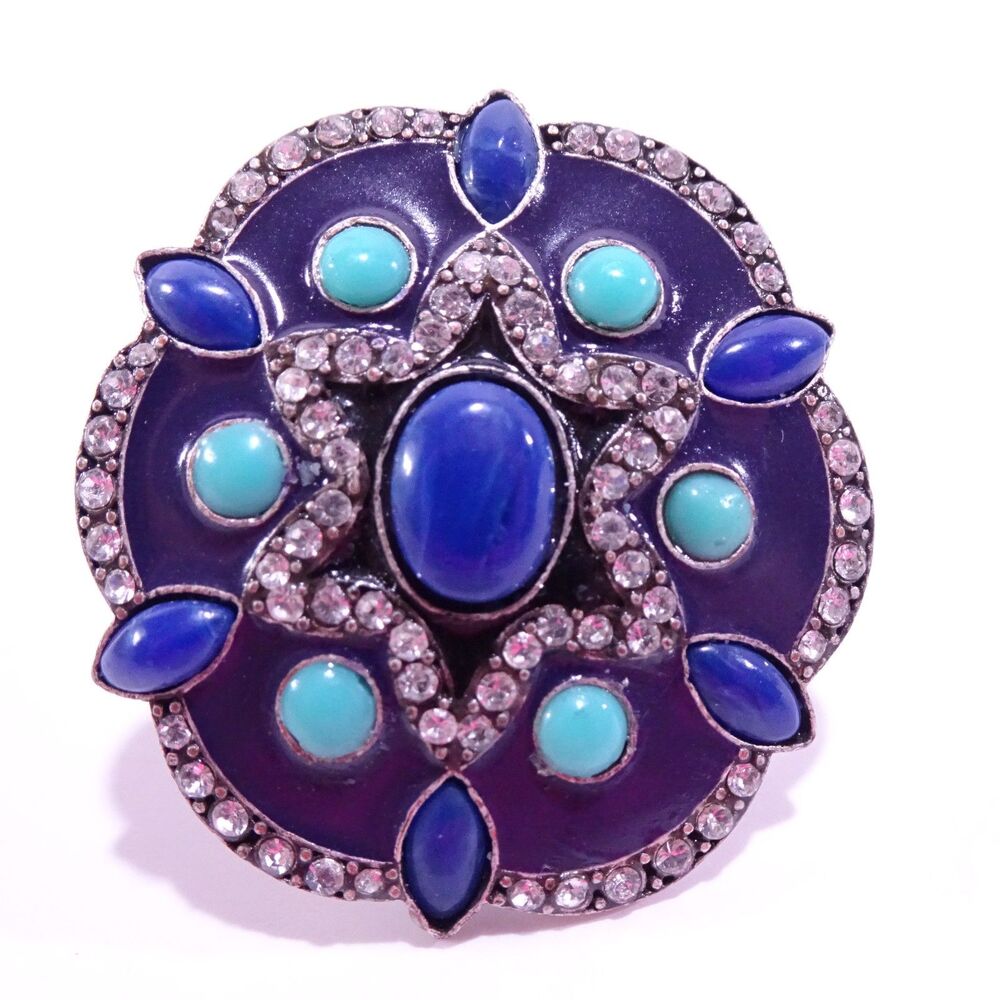 Designer Midnight Black Enamel Crystal Pave Turquoise Sunburst Ring Sz 6 NWT 187